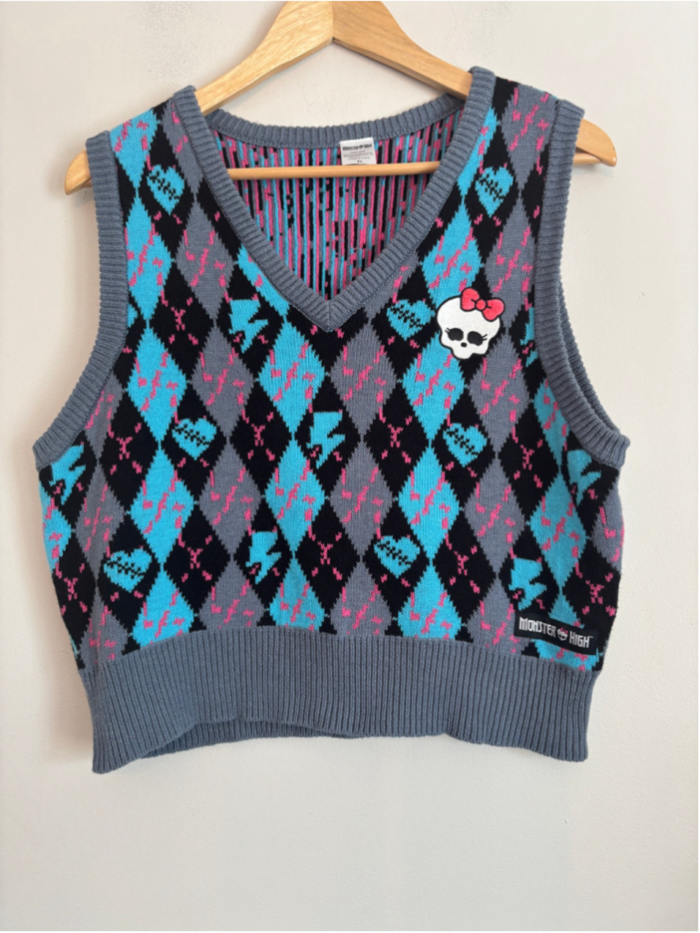 Monster High Argyle V-Neck Sweater Vest Size XL Grey Blue Cosplay Costume